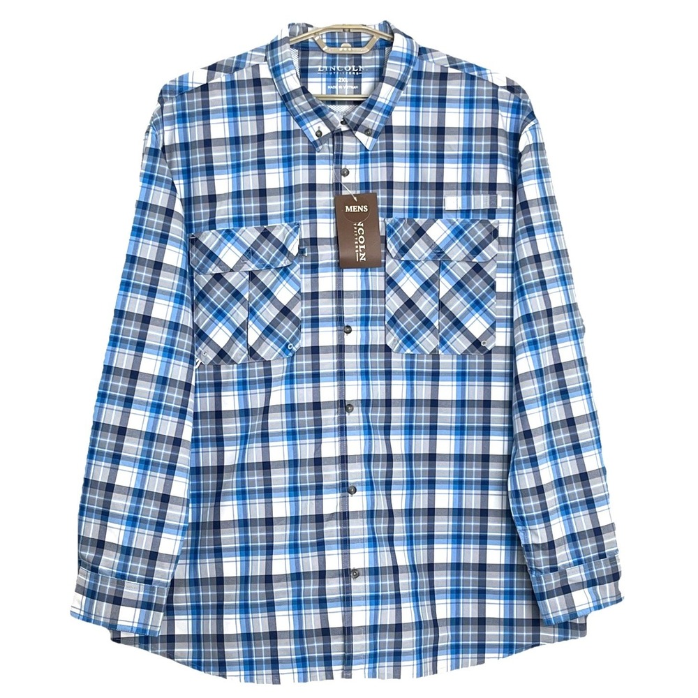 Lincoln Outfitters Men's Shirt 2XL Blue Plaid UPF 50+ Vented Hunting Fishing NWT